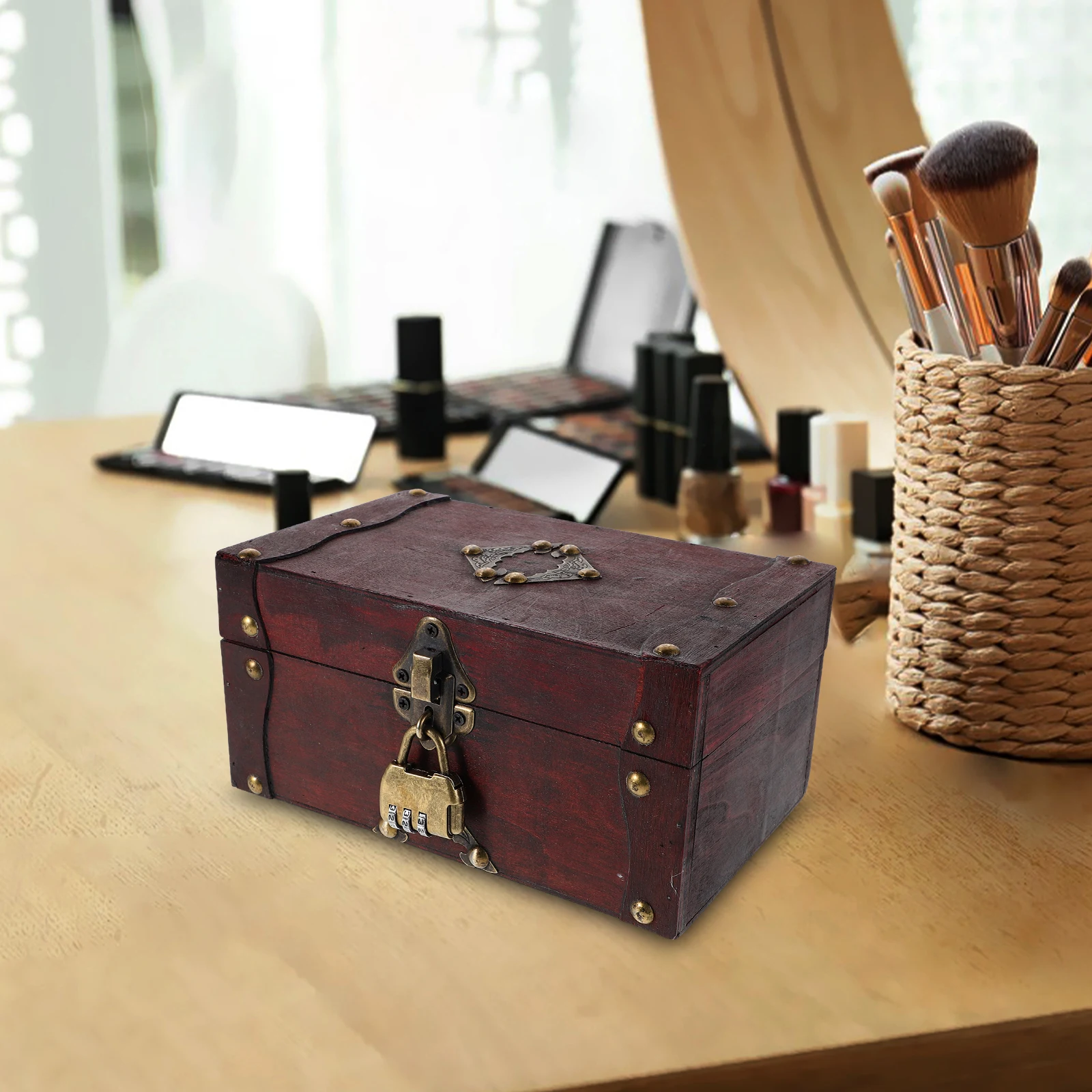 

Jewelry Box Storage Chest Square Shape Distressed Finish Decorative Container Women Organizer Treasure