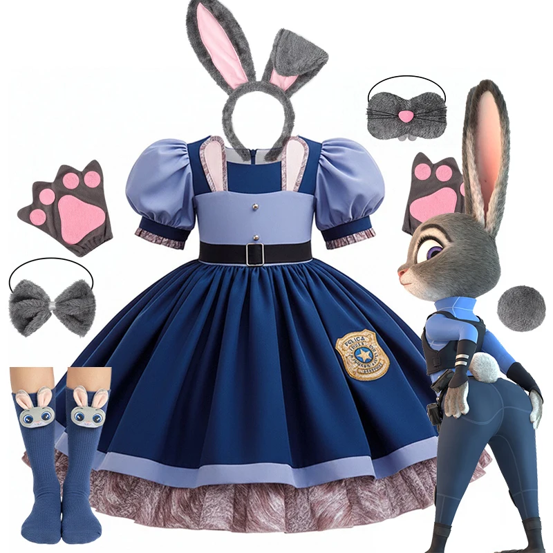 

Disney Baby Girls Cosplay Zootopia Judy Bunny Costume For Children carnival Festival Dress Rabbit Police Zoo Fancy Clothes 2026