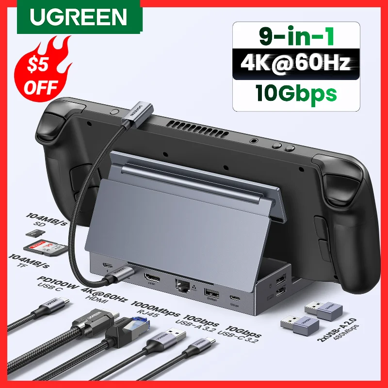 

UGREEN Steam Deck Dock 4K60Hz 9 Ports RJ45 PD100W USB C HUB Compatible with Steam Deck ROG Ally LEGION Go iPhone 15 Pro/Pro Max