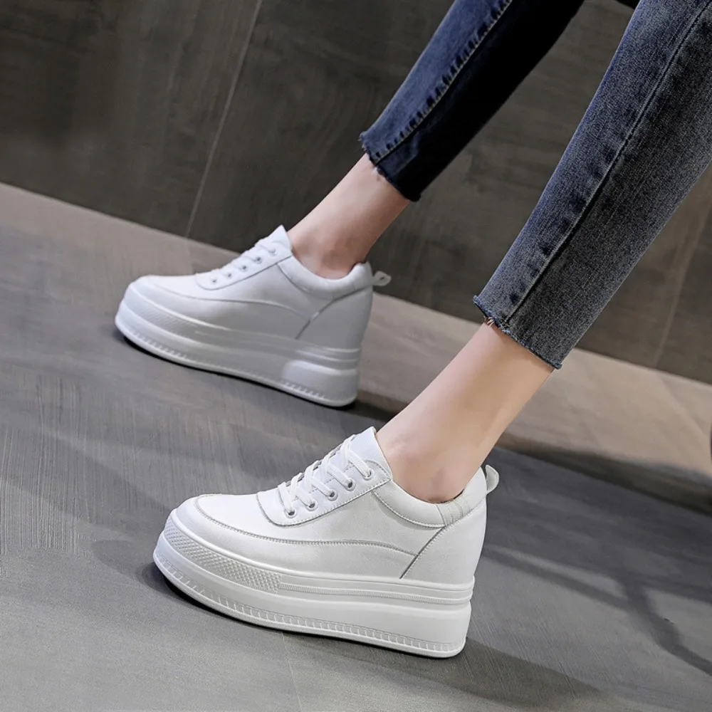 Sneakers Women's New Four Season Thick Soled Inner Height Increase Leather Women's Shoes Mesh White Shoes Casual Sports Shoes image 3