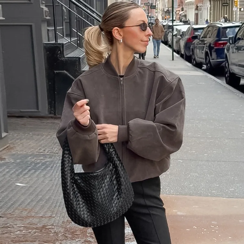 Talenza Women Grey Jacket Retro Fashion Streetwear Long Sleeve Coats Autumn Pilot Zipper Jacket Loose Chic Office Female Jacket