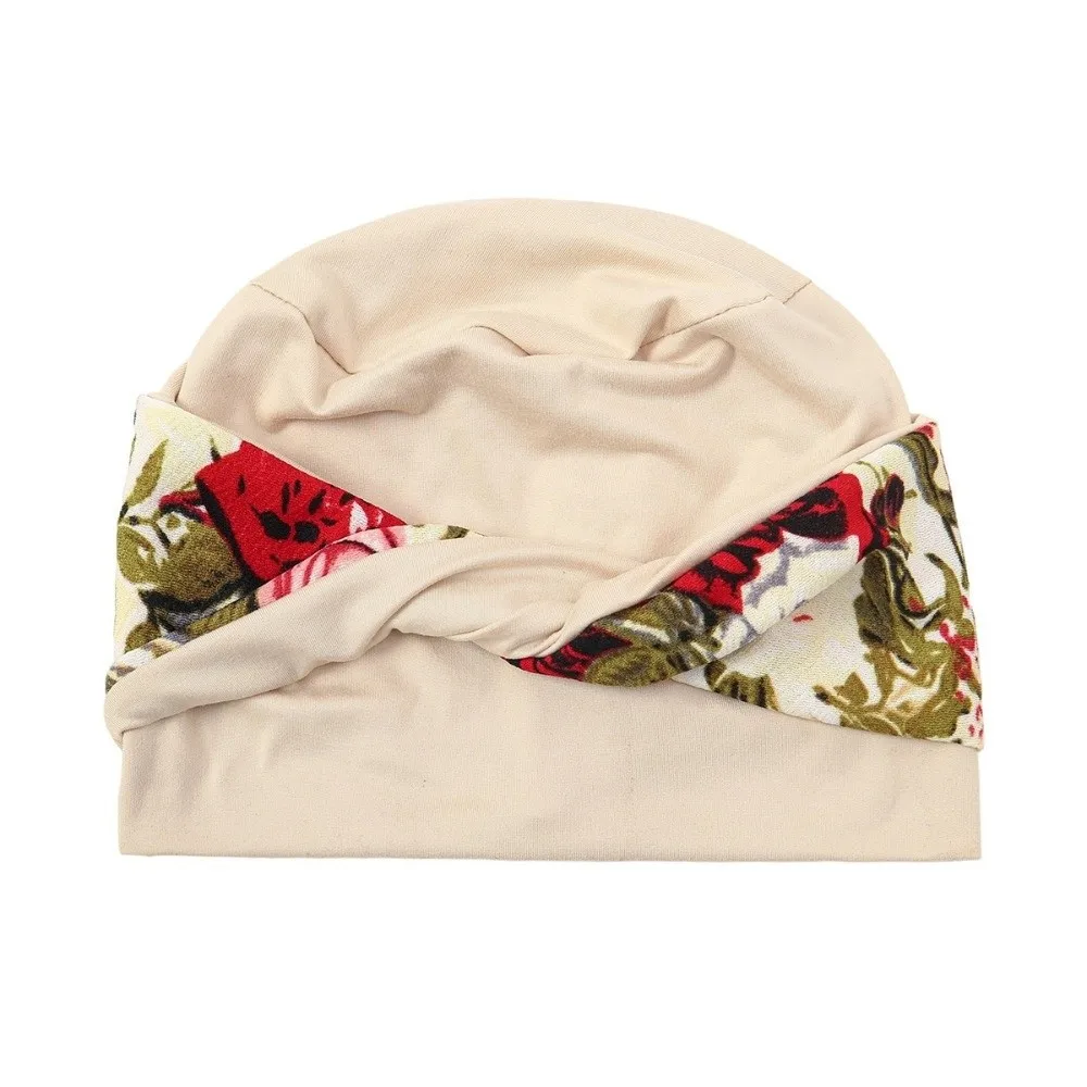 

Casual Flower Printed Knot Chemo Hat Elastic Stretchy Chemotherapy Head Wraps Breathable Soft Beanie Hats