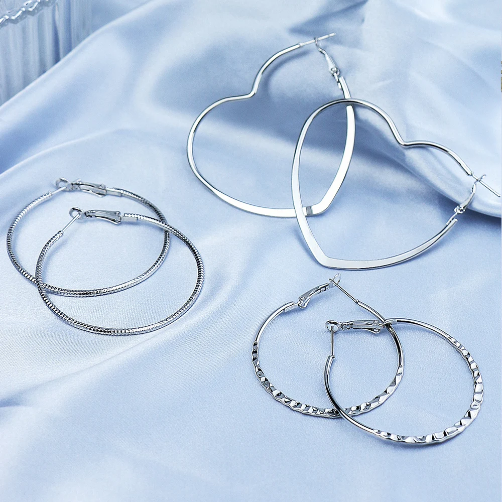 Women Trendy Earrings Set Hoop Earrings Silver Color Geometric Shape Big Ear Ring Simple Elegant Accessories Match Many Outfits