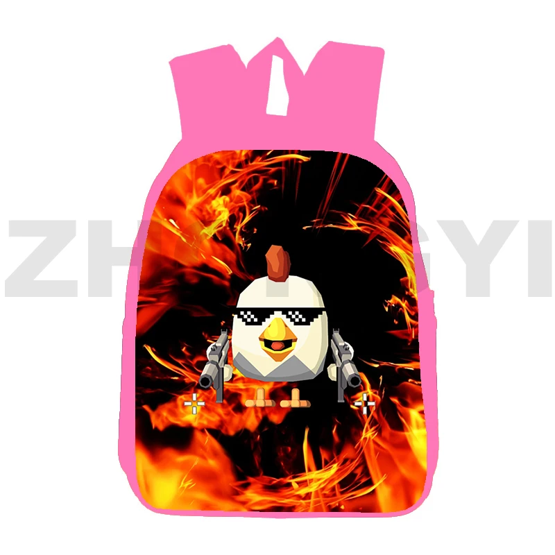 Pink Preppy Chicken Gun Anime School Bags for Girls 12/16 Inch Canvas Cartoon Kids Backpack 3D Game Chicken Gun Shoulder Bag