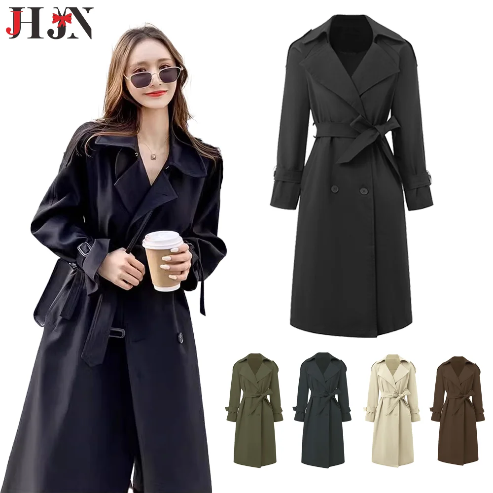 2024 Autumn Women\'s Polo collar Mid-length Jacket Buttons Lace-up Casual Stylish Trench Coat Everyday Commuter Outerwear