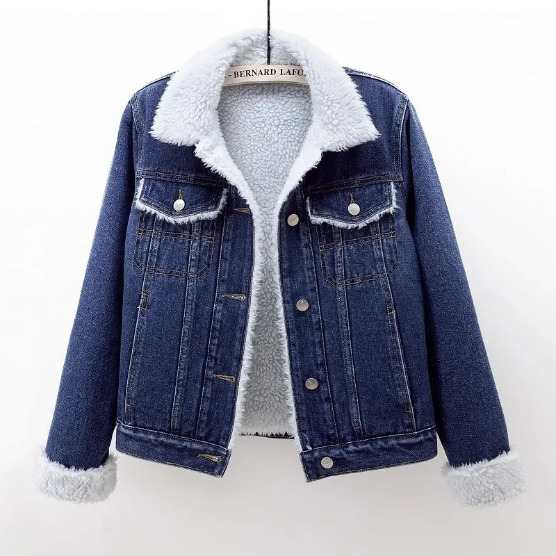 

Autumn Winter Women Thick Lambs Wool Denim Jacket Vintage Dark Blue Loose Short Cowboy Outwear Big Pocket Jeans Jackets Female