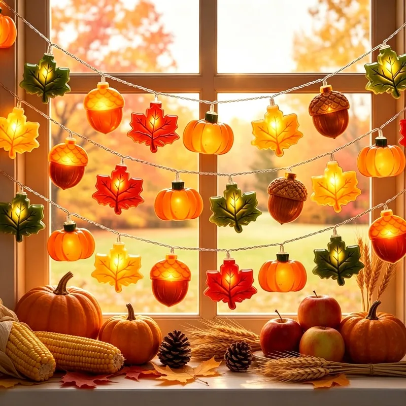 Autumn LED Garland Lights Pumpkin Maple Leaf Acorn Design for Thanksgiving Harvest Home Dining Table Holiday Decoration