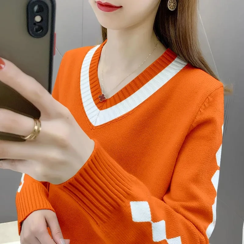 New Women Sweater Autumn Winter V-neck Knitwear Long Sleeve Color Block Sweater Pullovers Lady Cheap Quality Jumper Knitted Tops