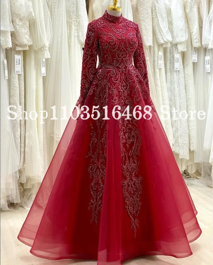 

Red Middle Eastern Evening High Neck Muslim Appliqued Floral Long Sleeve Tulle Long Custom Ethnic Wedding vestidos de gala
