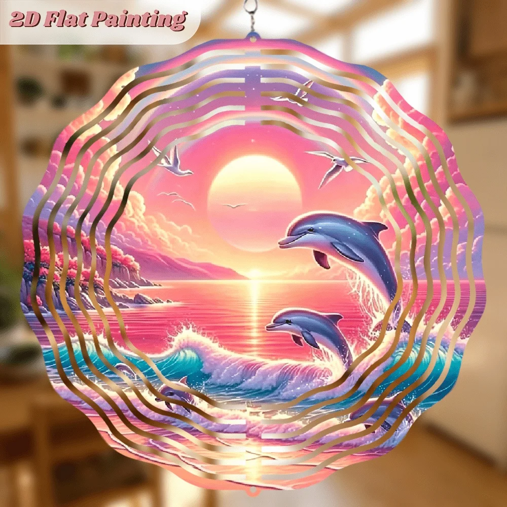 2D Flat,  Circular Iron Wind Chime Featuring a Dolphin Leaping Out of the Sea at Sunset. It Can Rotate 360 Degrees