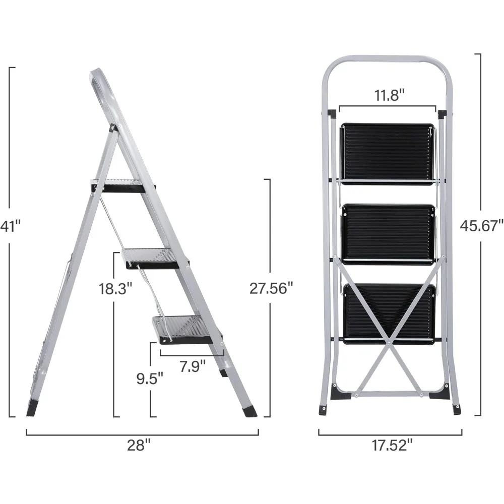 3-staps vouwladder met antislipplatform, lichtgewicht stalen ladder, trapladder met een draagvermogen van 330 lbs, draagbaar staal