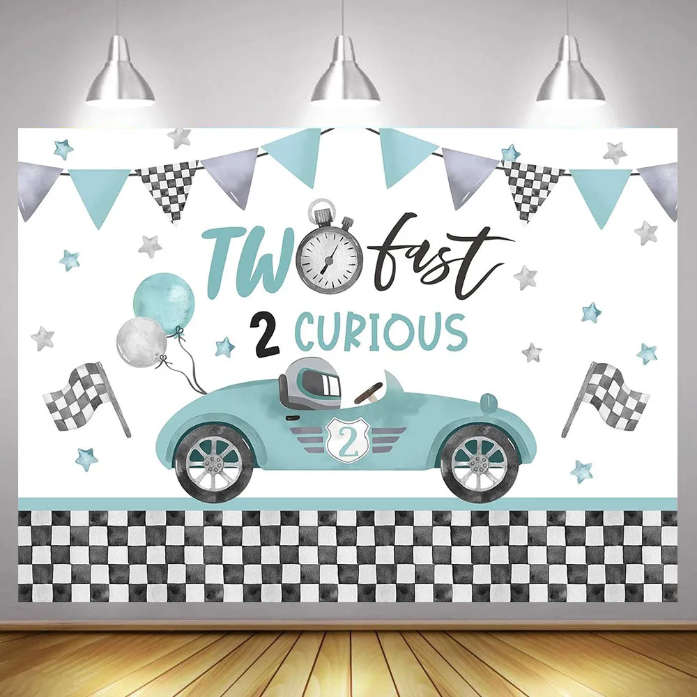 Racing Car Theme Backdrop for Boy Girl Two Fast 2nd Birthday Party Decoration Banner Blue Pink Red Photography Background Vinyl