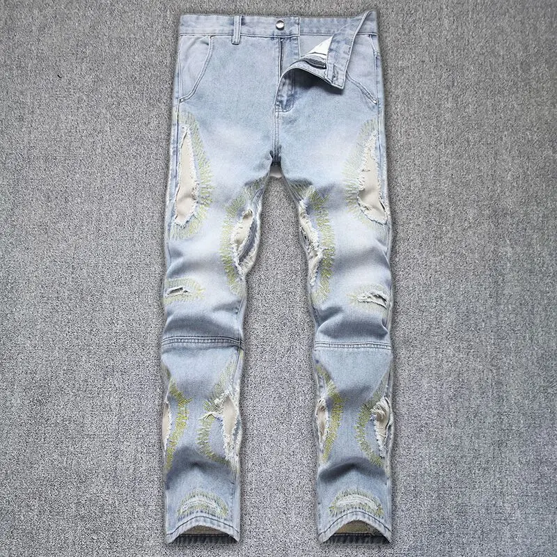 

Patchwork Contrast Printed Jeans Men Washed Slim Fit Designer Jeans Pants Men Big Size Hip Hop Tropical Pattern Denim Jeans