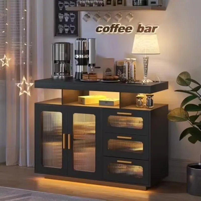 Coffee Bar Cabinet with RGB Light & Charging Station, Black | Multiple Colour Lights Modes, Spacious Tabletop, 3