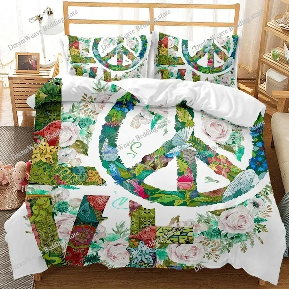 Hippie Peace Art Duvet Cover Set Sign Artwork Bedding Set Comforter Rainbow Polyester Quilt Cover for Kids Boys Girls