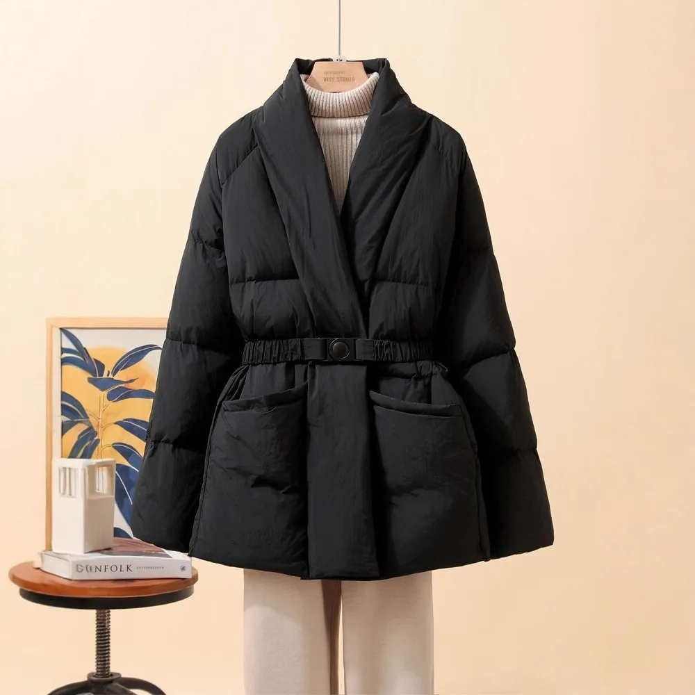 

New Fashion Temperament Cotton Coat Women Winter Solid Color V-neck Warm Gathered Waist Jacket Coats Parkas with Belt