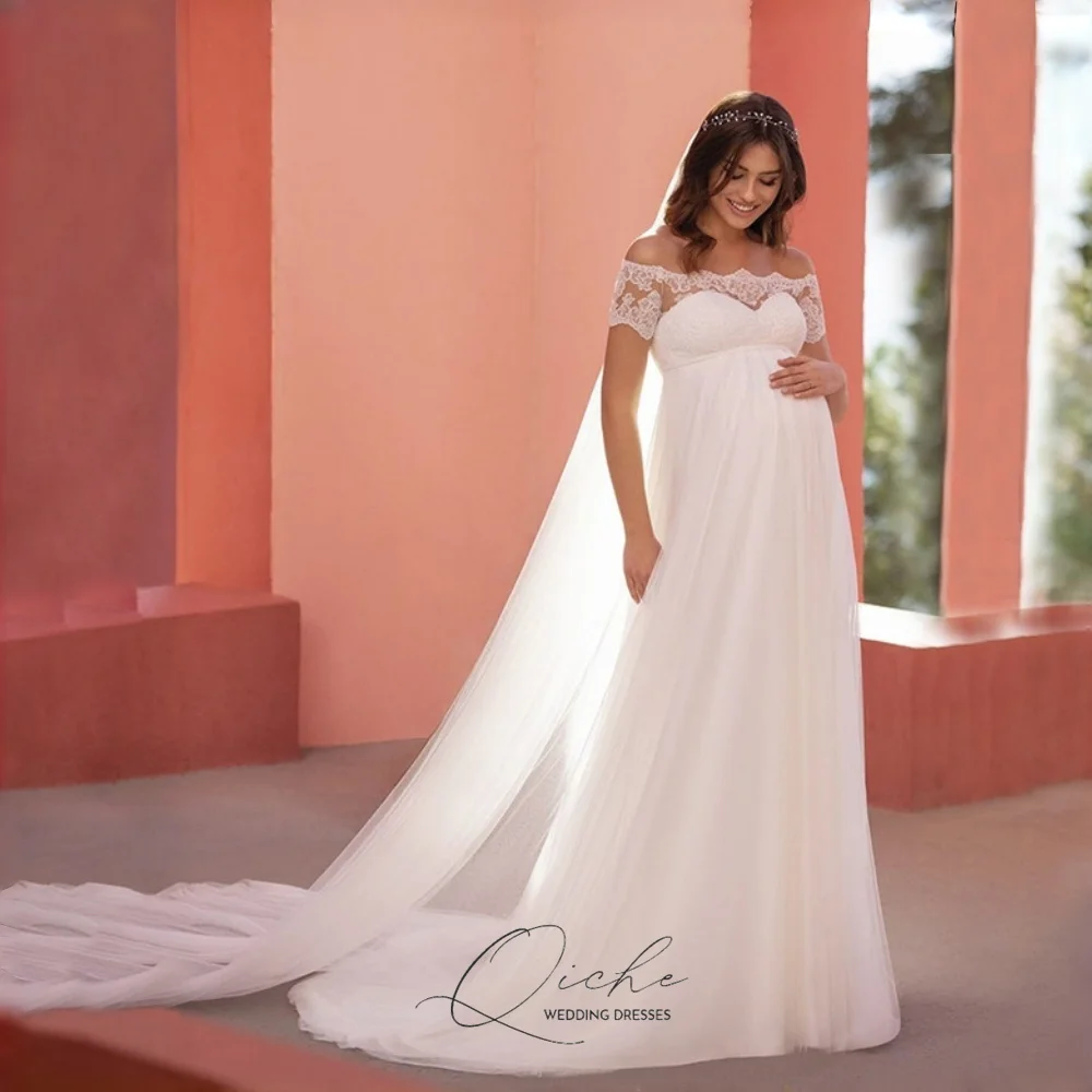 ชุดแต่งงานทรงเอไลน์สำหรับหญิงตั้งครรภ์ ดีไซน์ลูกไม้หรูหรา แบรนด์ QICHE แบบเปิดไหล่ สายเดี่ยว เปิดหลัง รุ่น Vestidos De Novia ปี 2026 รับตัดตามสั่ง