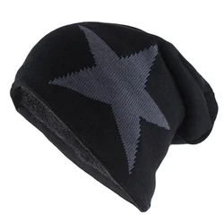 New Unisex Slouchy Winter Hats Five Star Pattern Warm Hats For Men Women Plush Fur Lined  Fashion Ski Beanie Cap