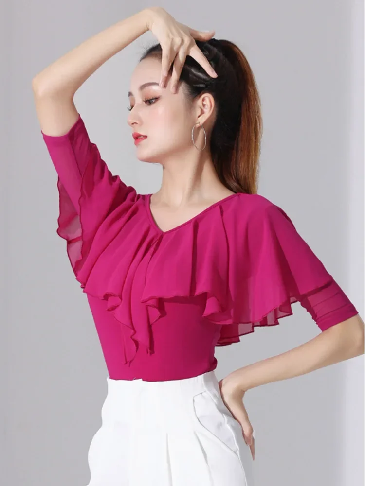 Ruffle Latin Dance Practice Waltz Tops 2023 New Ballroom Girl Jazz Solid Color Competition Costume Female Belly T-shirt