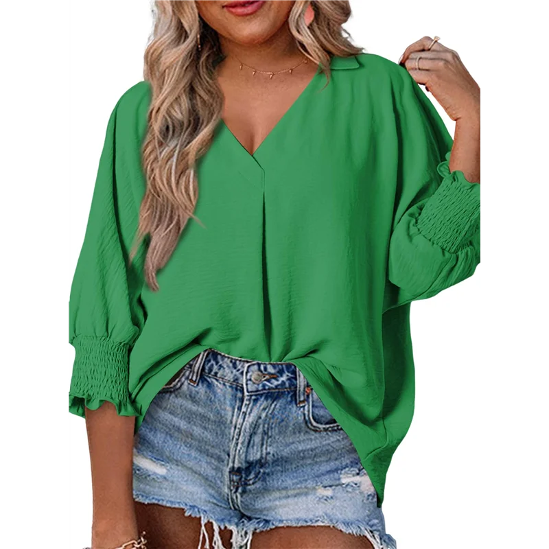 

NEW-Women Blouses Dressy Casual V Neck 3/4 Length Sleeve Womens Tops With Smocked Cuffs