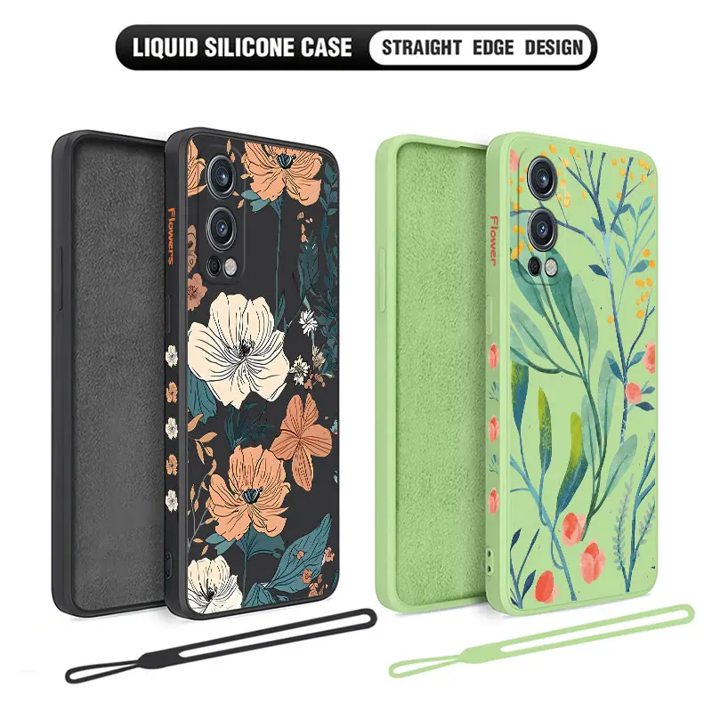 French Vintage Flower Phone Case for Oneplus Nord 2 9R 9 8T 8 7 7T Pro 6 5G Liquid Silicone Cover with Hand Strap