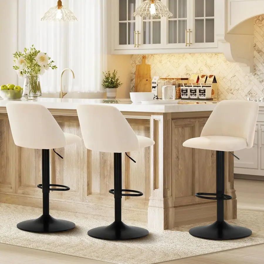 

Bar Stools Set of 3, Modern Swivel Bar Chairs, Adjustable Upholstered Barstools Counter Height with Full Backrest for Bar, Dinin