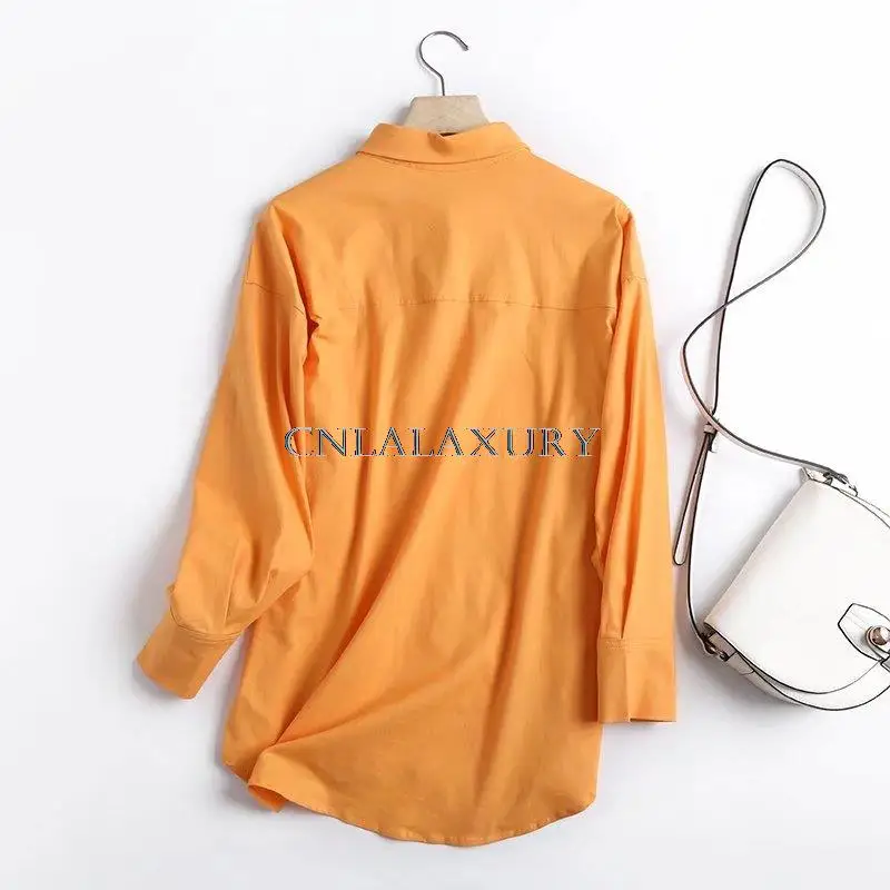 CNlalaxury Women Orange Cotton Linen Oversized Long Shirt Blouse Chic Female Casual Loose Shirt Blusas Femininas Tops