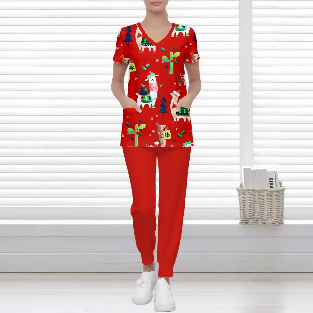 ชุดแพทย์สตรีคริสต์มาสสโนว์แมนรูปแบบพิมพ์ชุดทันตแพทย์ชุดแฟชั่นชุดผ่าตัดผู้หญิงแขนสั้นชุด