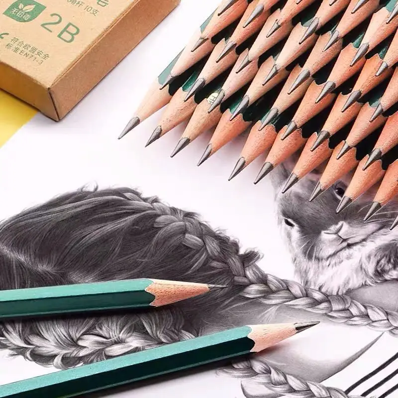 Crayons en bois 2B/HB, 10 pièces, corps vert Hexagonal, plomb de 0.7mm pour l'écriture et le dessin, idéal pour les étudiants et l'usage au bureau