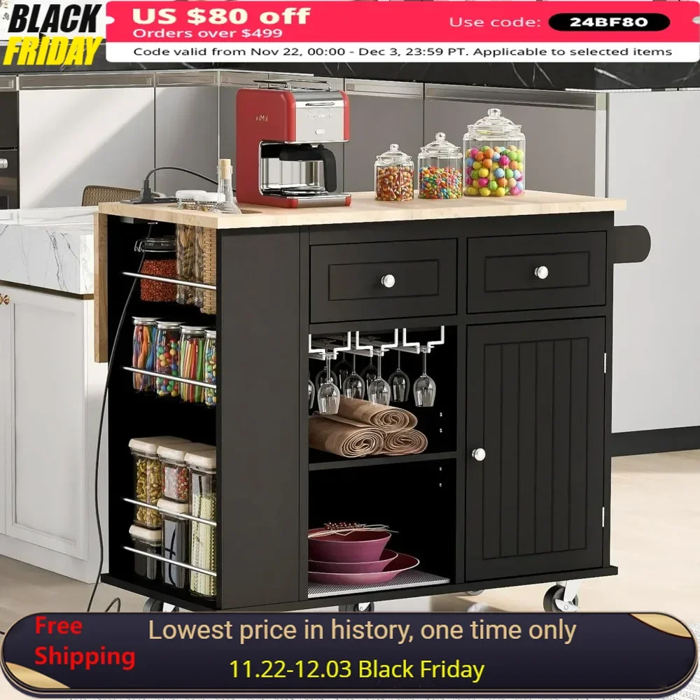 Kitchen Island, Kitchen Carts on Wheels with Storage Drop Leaf Power Outlet Drawer Cabinet Counter Rubberwood Top