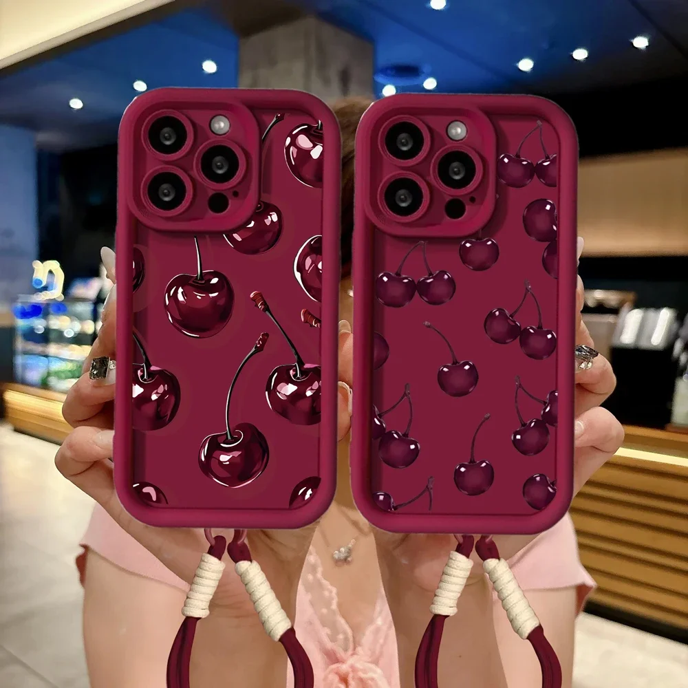 Classic Dark Wine Red Cherry Print Lanyard Case For Samsung Galaxy S26 FE S25 Ultra Plus 5G A17 A57 A37 A27 A07 A06 A05 A05S A04
