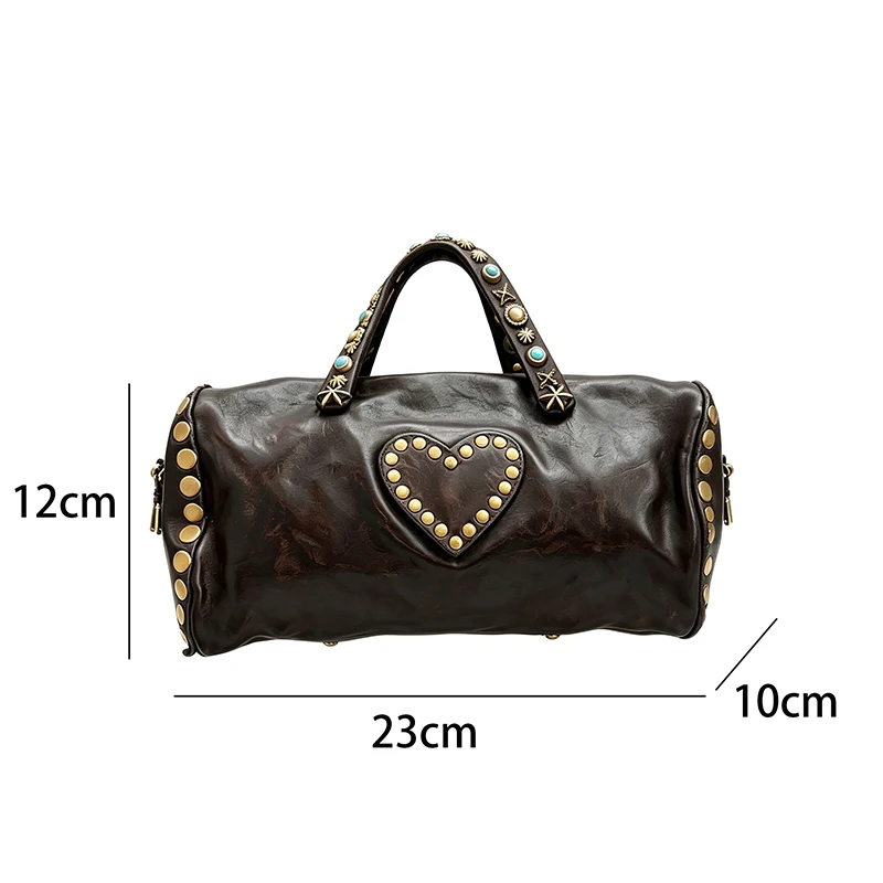 Vintage Handtasche mit Zylinderform und dunkelbraunem Griff, Damen Retro Distressed Barrel Bag, Handtasche mit Herz-Nieten-Dekor und Metallnieten – Detail 1