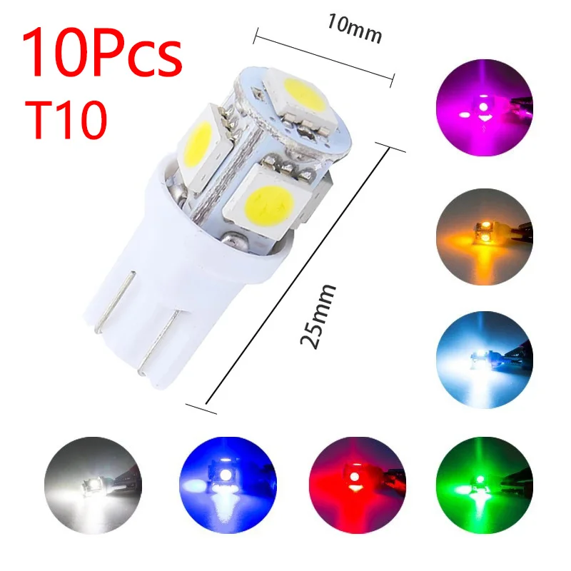 YND 10PCS T10 LED W5W 5050 5SMD Car Interior Light License Plate Bulb Turn Lamps 5w5 t10 White Red Yellow Green Pink Blue 12V