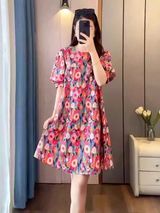 

plus Size Floral Print Casual Dr Women's Hidden Meat Slimming Country Sle Princ Skirt Spring Summer Cotton Blend