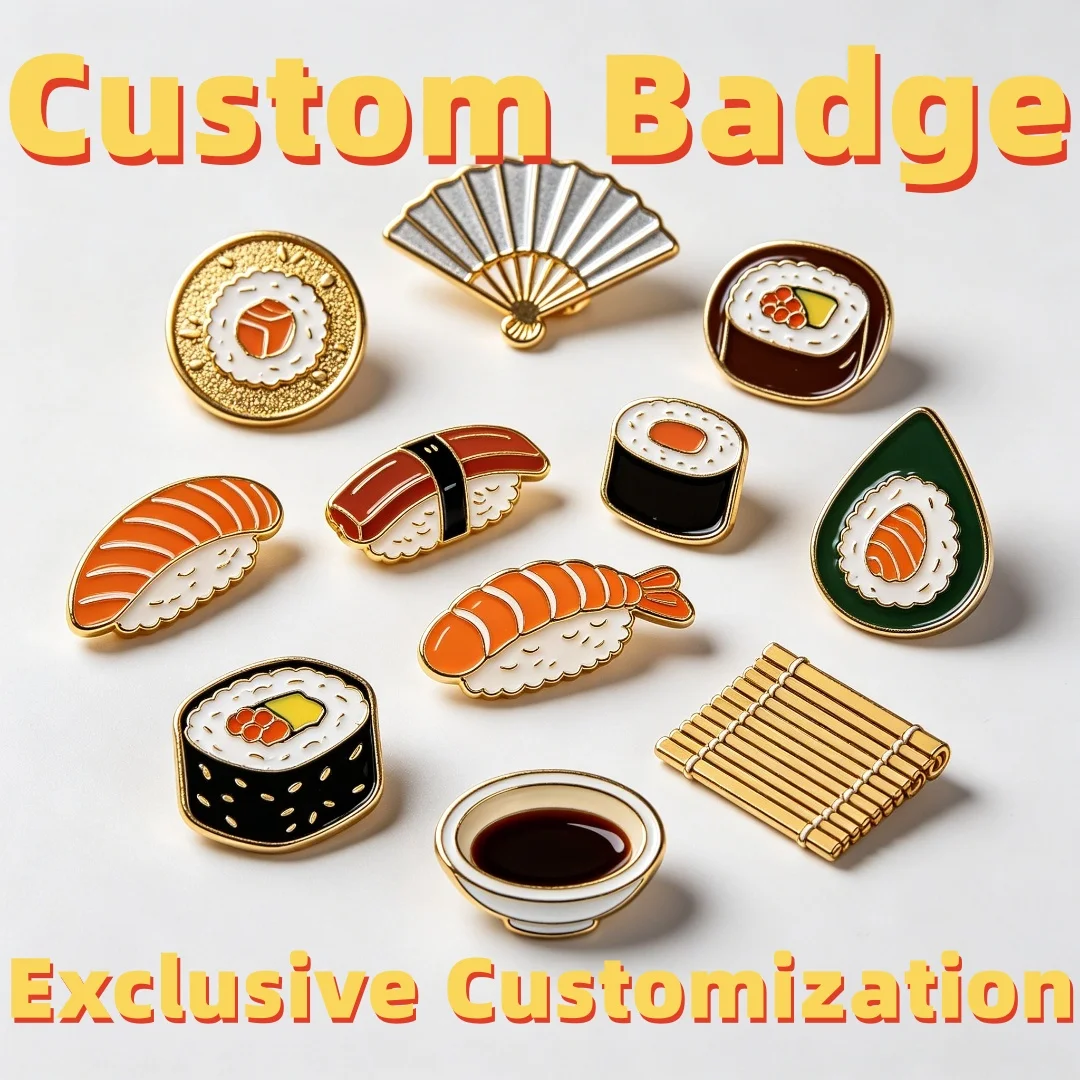 Custom Enamel Lapel Pin Cute Japanese Sushi Food Metal Brooch Badge Kawaii Anime Decor Pin for Backpack Clothes Gift