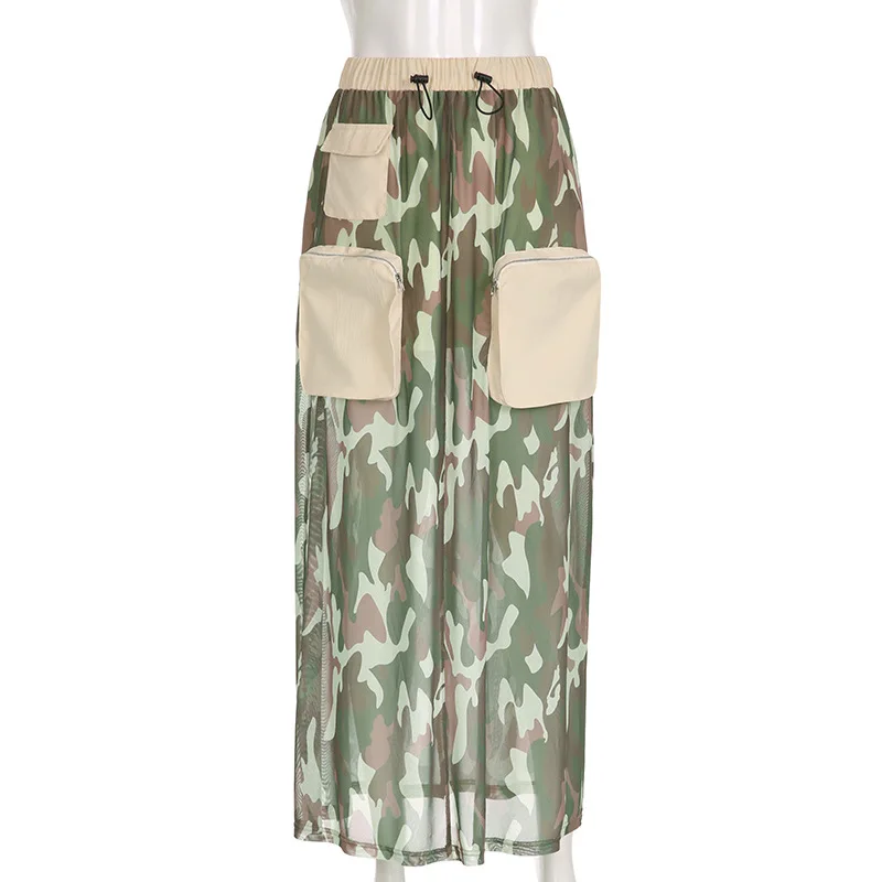 BKLD Y2k Clothing Mesh Camouflage Skirts For Woman Harajuku Fashion Streetwear Pockets Elastic Drawstring High Waist Cargo Skirt