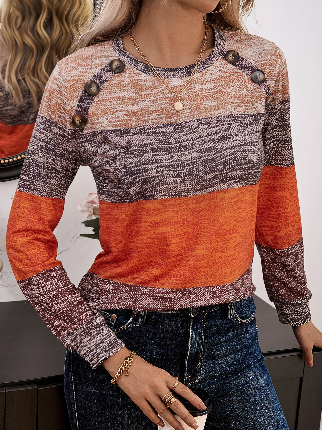 

Gradient Color Blocked Striped T-Shirt Women's Round Neck Button Long Sleeved Pullover Spring Autumn Casual Top Clothes