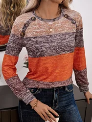 Gradient Color Blocked Striped T-Shirt Women's Round Neck Button Long Sleeved Pullover Spring Autumn Casual Top Clothes