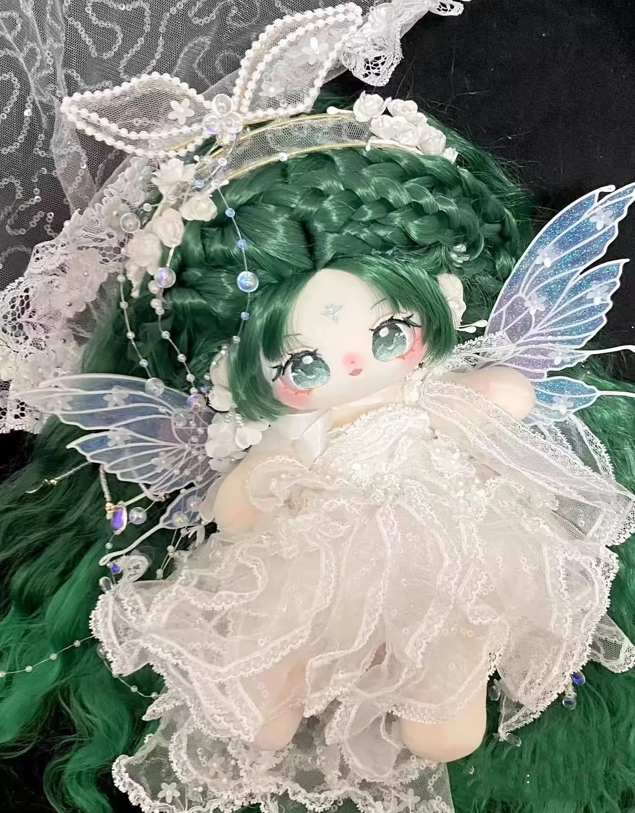 Anime No attributes Monster mu sheng Stuffed 25cm Plushie Cotton Plush Doll Body Long Green hair Eyes Anime Figure Toy  Kids Gi