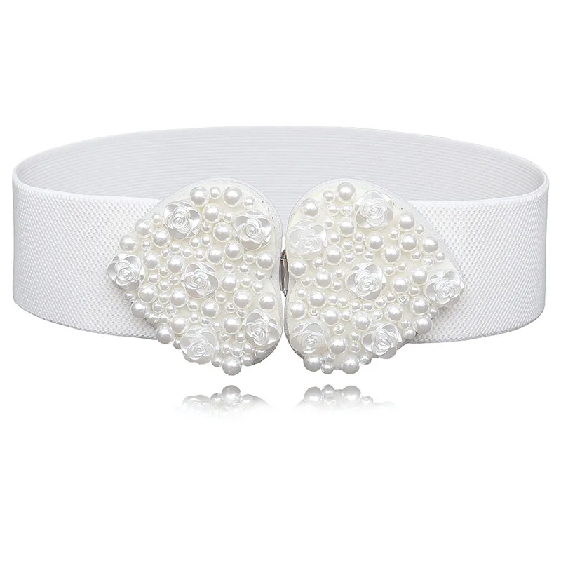 Pearl & Flower Belt Korean Sweet Style Wide Waist Cincher for Dresses Women's Romantic Elastic Sash Belt