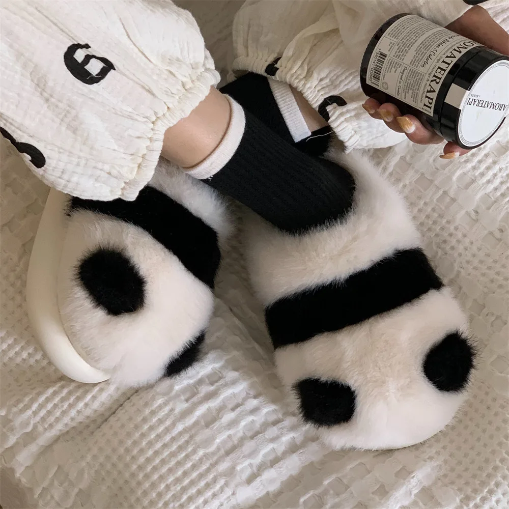 Zimowe kapcie damskie Panda Flat Furry Home Cartoon Women Cotton Shoes Female Cute Animal Warm Non-slip Shoes Slides