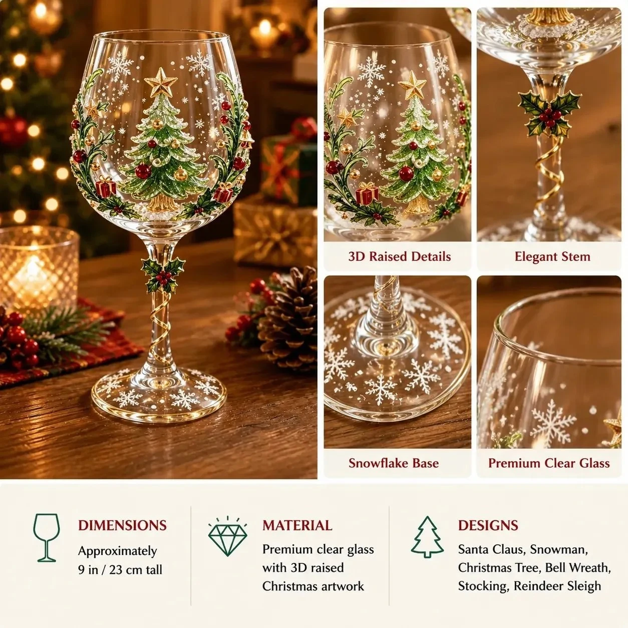 Creative Christmas Wine Glasses, Stemmed Stocking Tree Wreath Shapes, Single or 6-Piece Gift Set, Holiday Party Decor