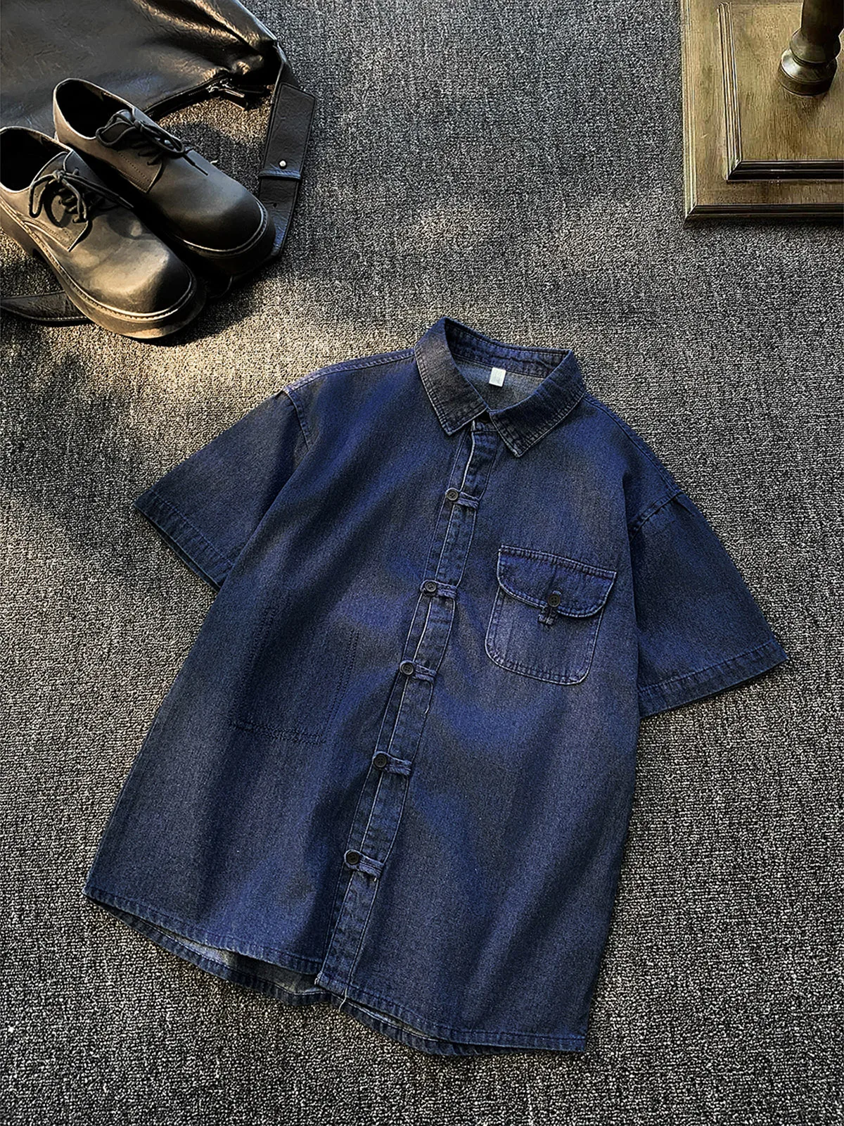 Loose Fit Vintage Washed Short Sleeve Denim Shirt Men's Summer Casual Outerwear Half Sleeve Jacket Turn-down Collar Open Card...