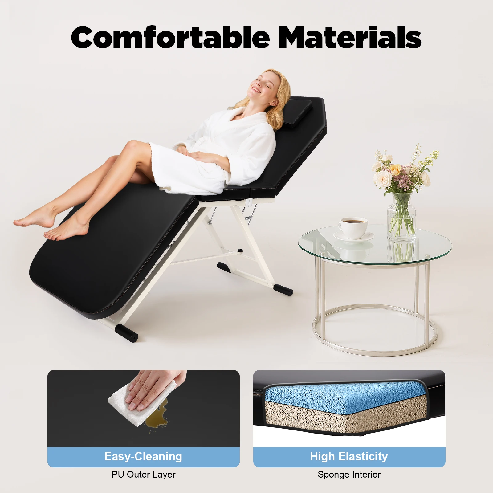 Tragbarer Klappbarer Spa-Stuhl Schwarz 3-Fach Faltbare Massageliege Belastbarkeit 200-250kg PU Für Krankenhäuser, Schönheitssalons, Spa – Detail 5