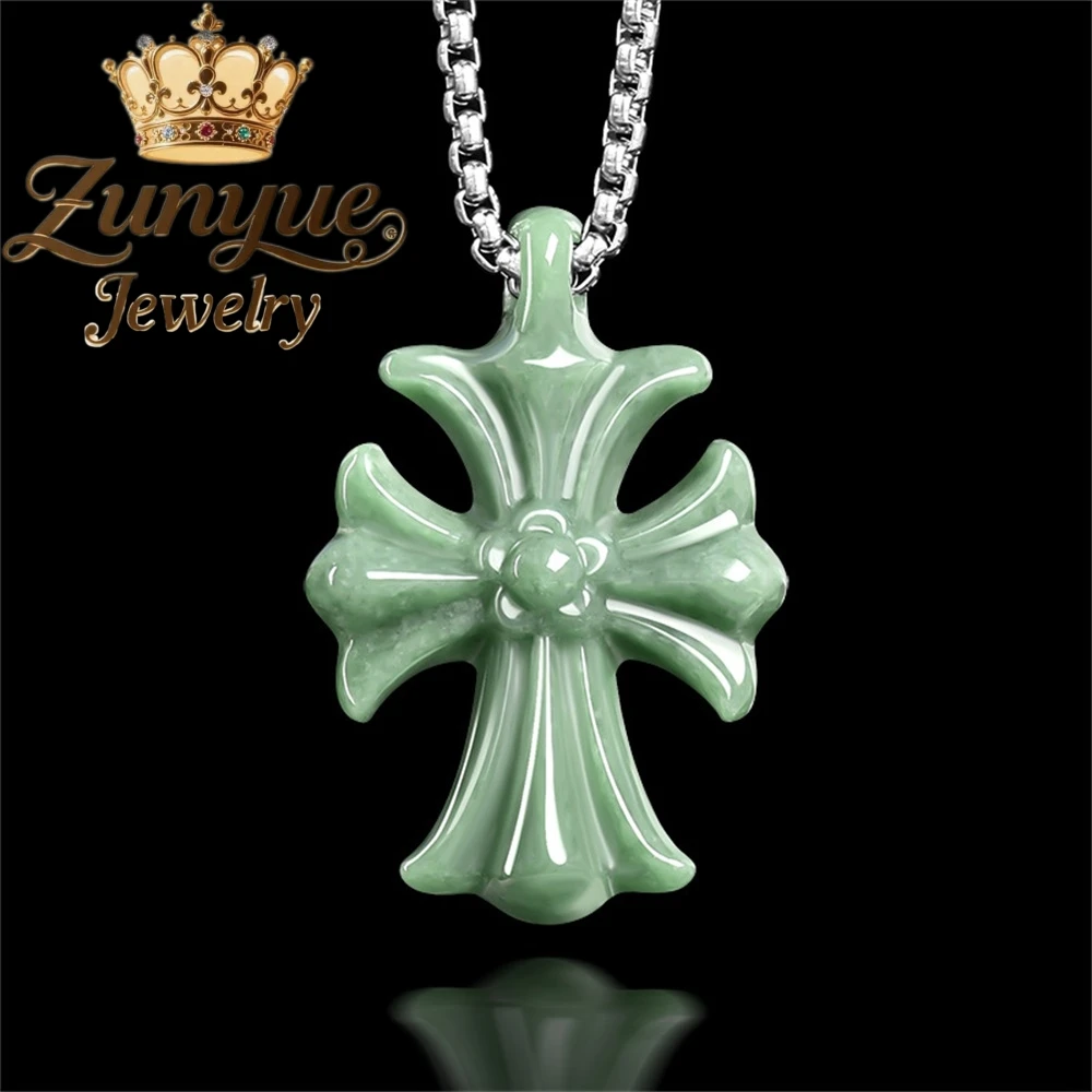 

Original Natural A-Grade Jadeite Green Crosstitanium Steel Chain Jade Pendant Fashionable Necklace For Men Women Fine Jewelry