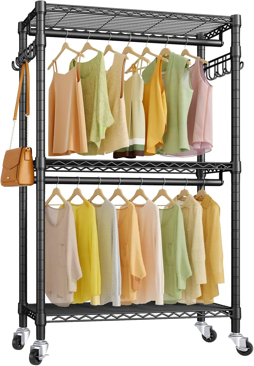 Medium Heavy Duty Rolling Garment Rack 3 Tiers Adjustable Clothes Rack with Double Rods & Hooks, Freestanding Wardrobe Closet