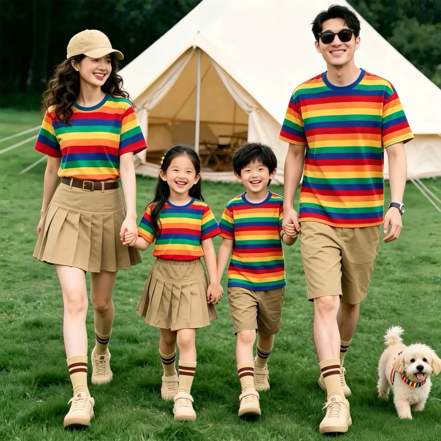 Summer round neck parent-child T-shirt 3D printed rainbow parent-child outfit, family fashion top, couple outfit