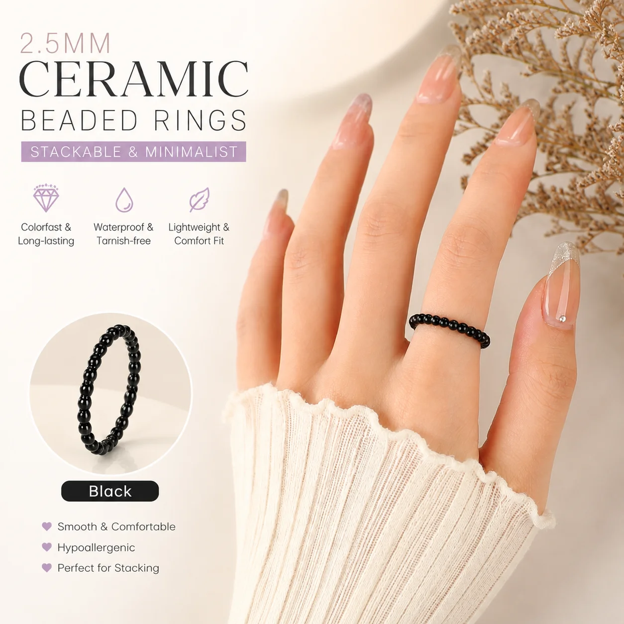 2.5mm Thin Ceramic Stackable Rings for Women, Colorful Promise Wedding Band Eternity Ring, Non-Metal Colorfast, US Size 5-12