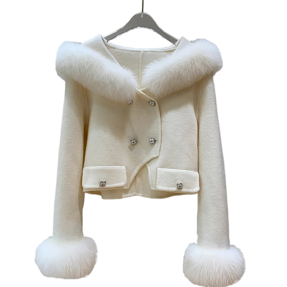 Women's Autumn Jacket Real Fox Fur Collar And Cuff Coat 100% Wool Cashmere Woolen Luxury Female Clothing