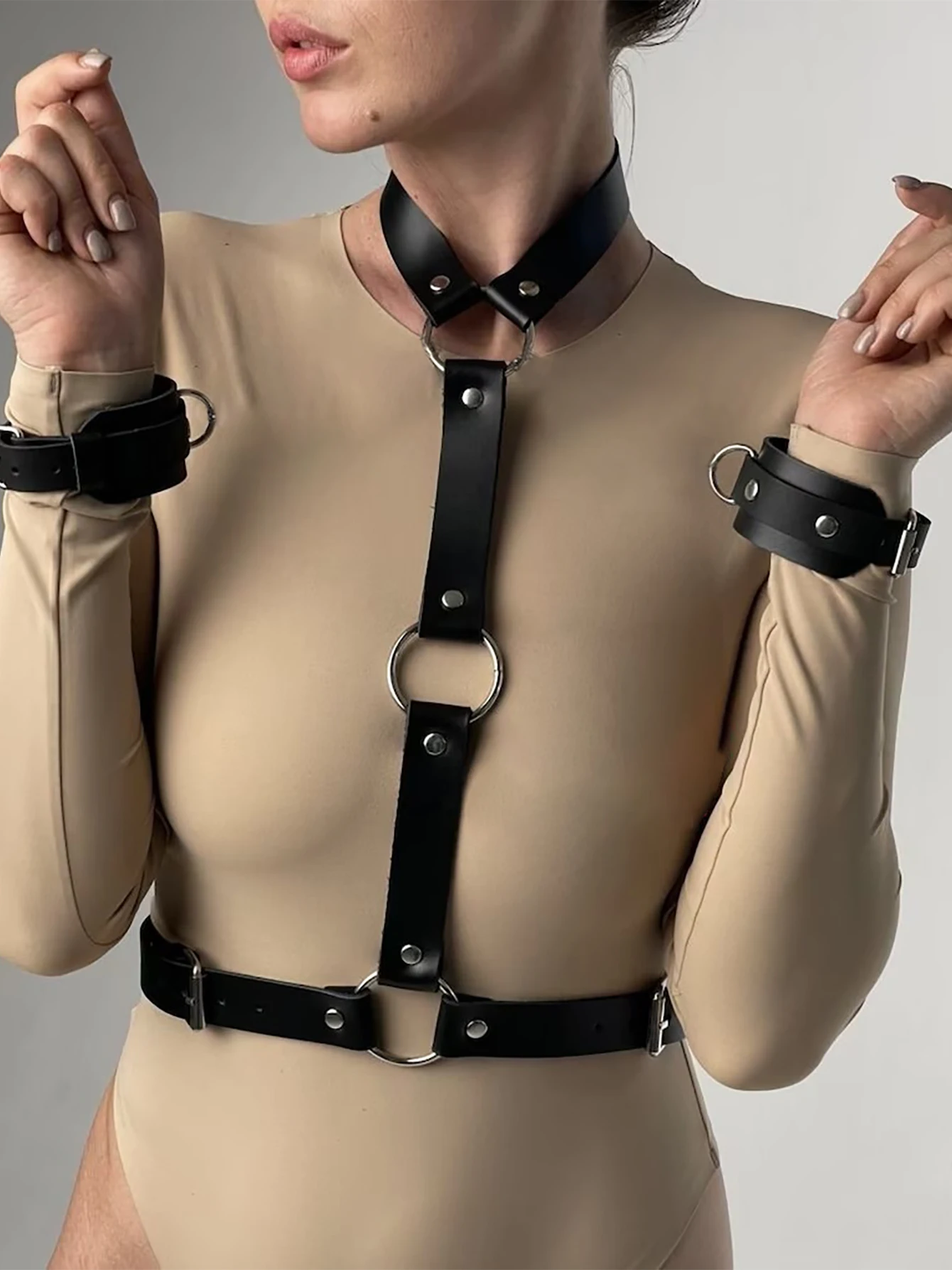 Women's Sexy Leather Harness Belt with Handcuffs Set Fetish Clothes Festival Club Wear Adjustable Body Belt and Body Accessory view 2